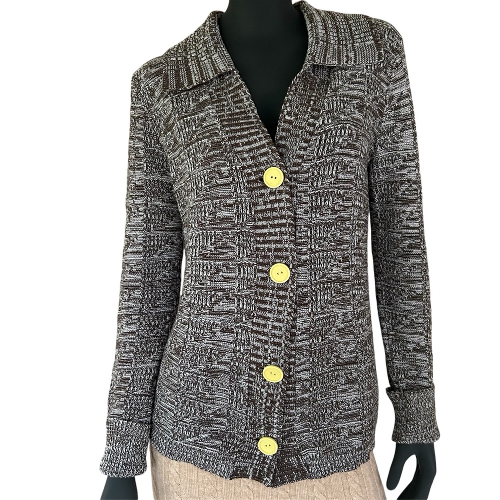 Vintage Knit Cardigan Sweater Brown White Neutral Marled Button-up 1970s